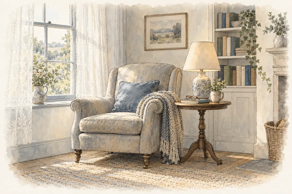 An armchair with a folded blanket beside a window in a quiet sitting room