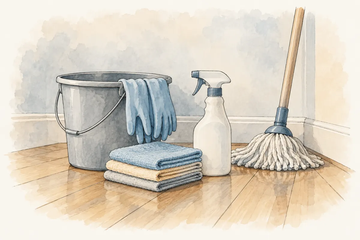 A bucket, folded cloths and a spray bottle set out on a clean floor