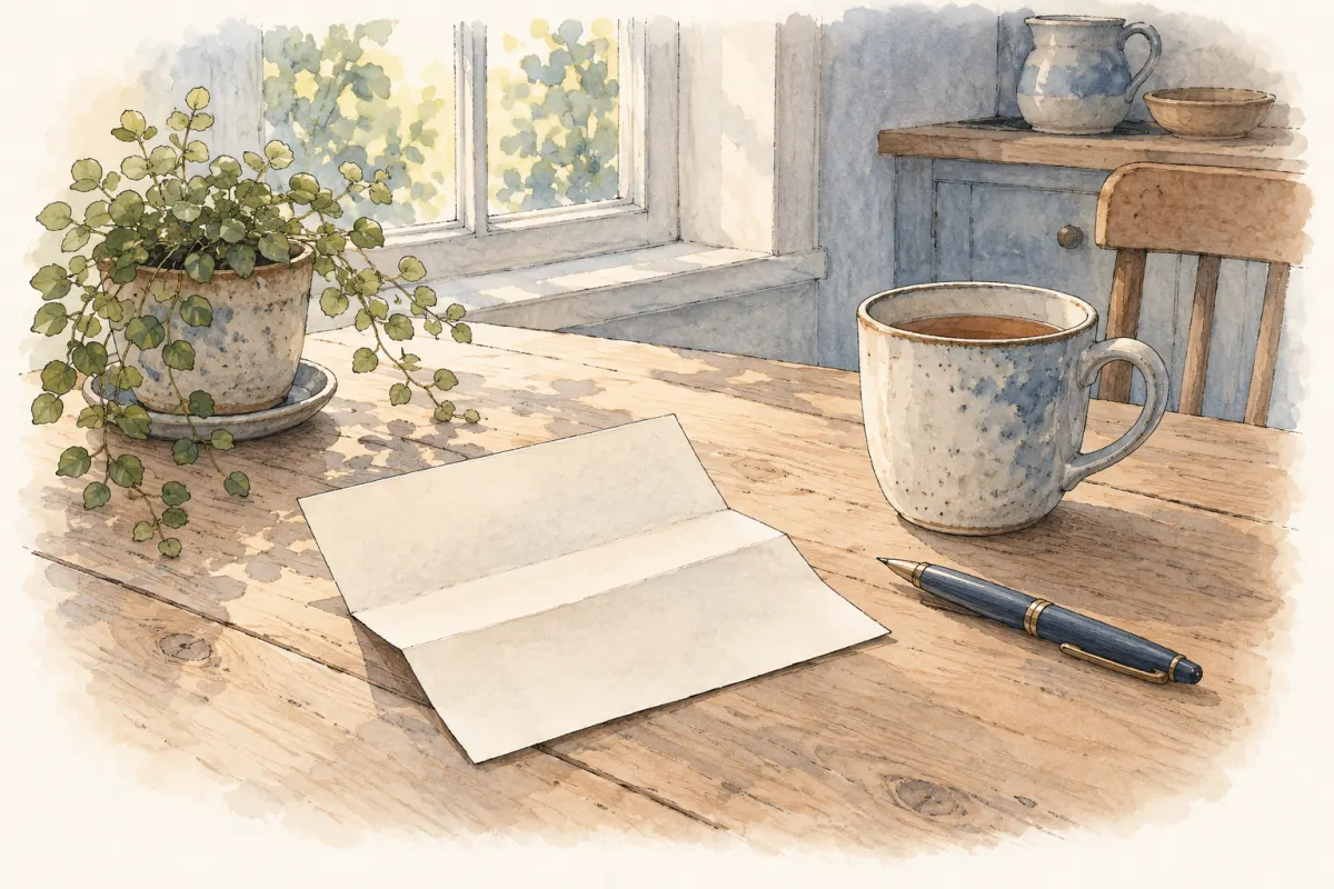 A folded letter, a pen and a mug on a kitchen table