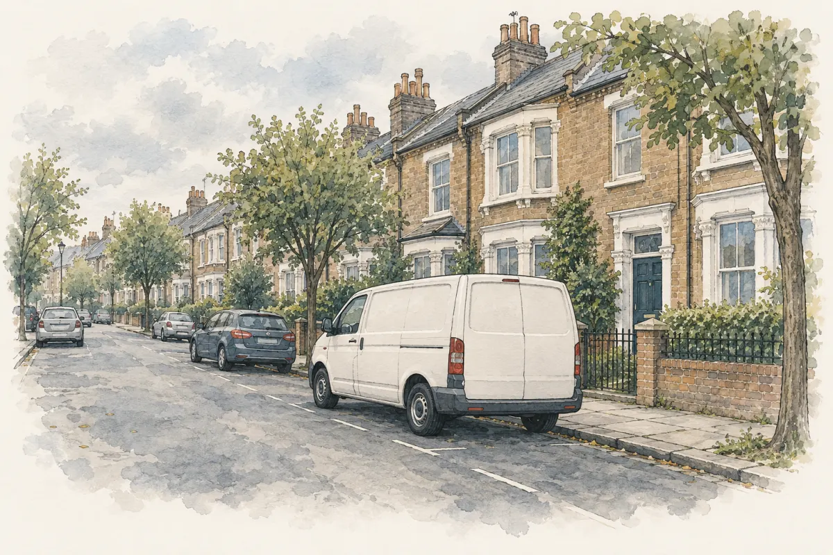 A quiet terraced street with an unmarked van parked outside a front door