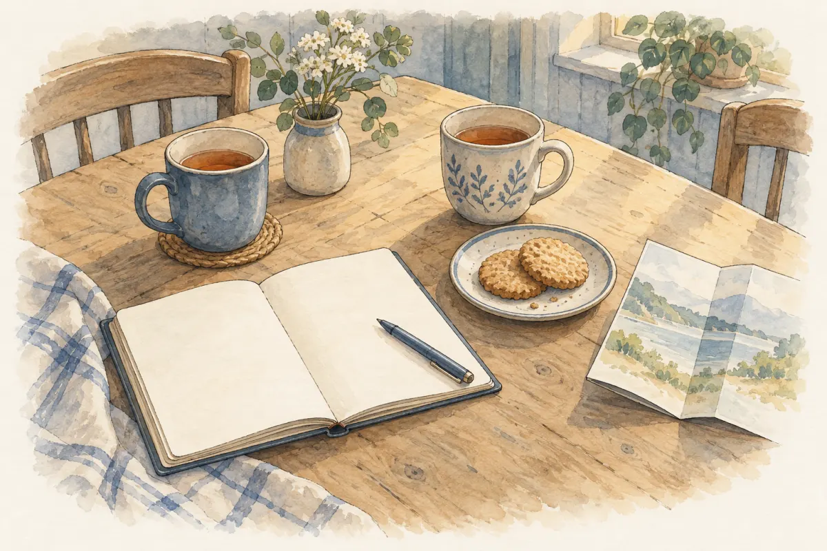 A kitchen table with two mugs of tea and an open notebook