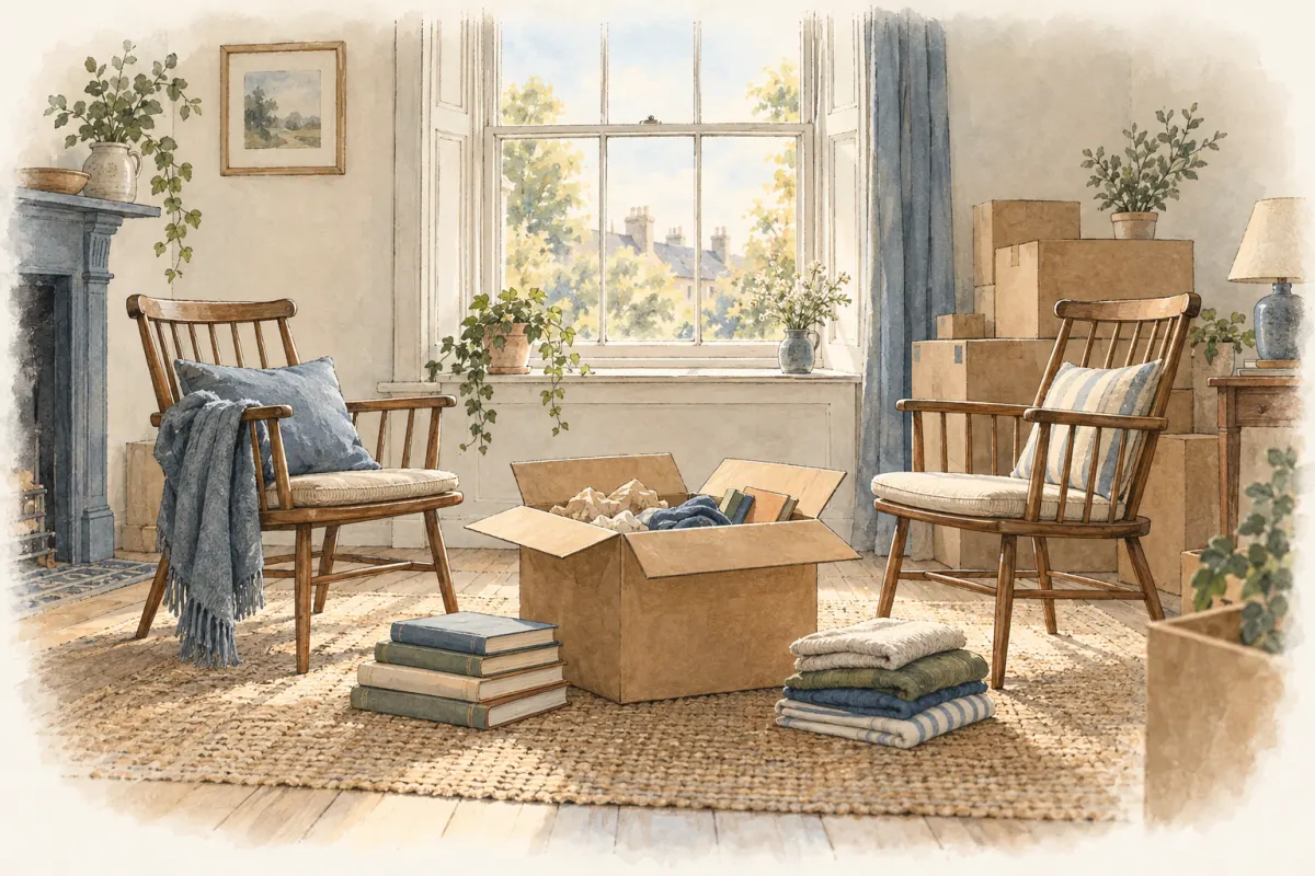 Two chairs by a window with a half-sorted cardboard box between them