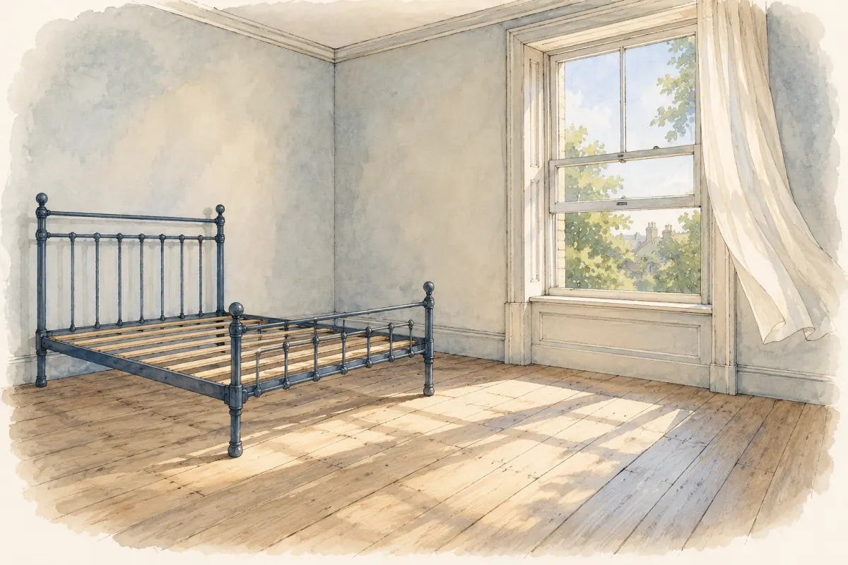 An empty, clean bedroom with the window open and a curtain lifting in the breeze