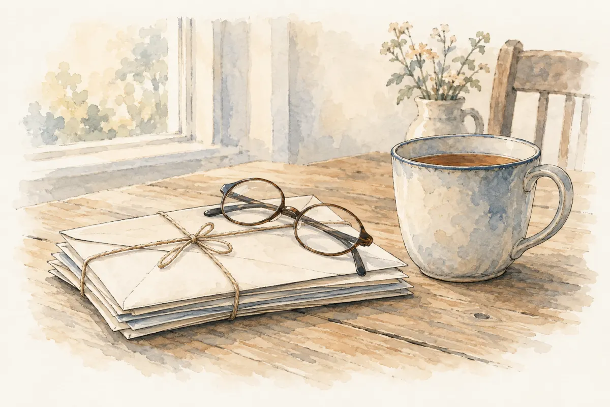 A small stack of envelopes and a pair of reading glasses on a wooden table
